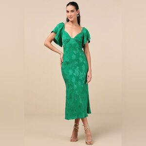 Lulus Effervescent Afternoon Green Satin Flutter Sleeve Midi Dress